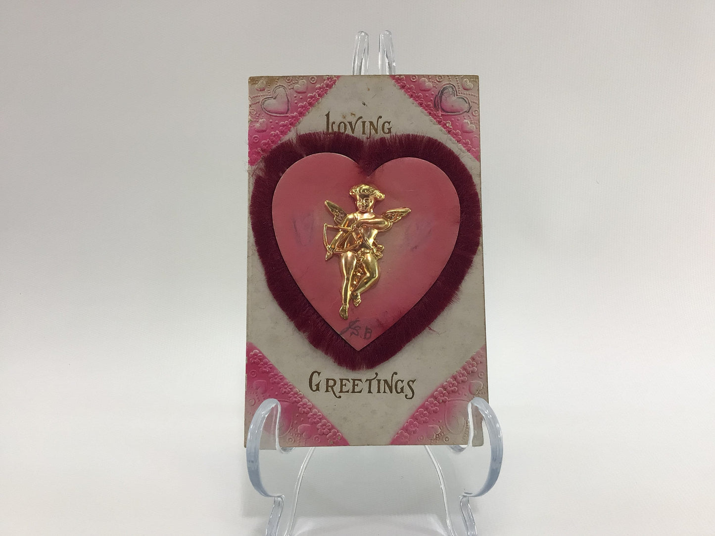 Applique Novelty Valentines Day Postcard Antique Ephemera Airbrush Embossed with Applied Red Fringe Heart and Metal Cupid Embellishment