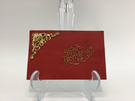 Applique Novelty Best Wishes Postcard Antique Ephemera Applied Metal Embellishments on Red