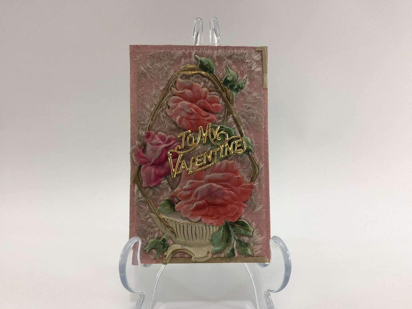 Applique Novelty Valentines Day Postcard Antique Ephemera Airbrush Embossed with Applied Pink Roses and Metal Embellishment