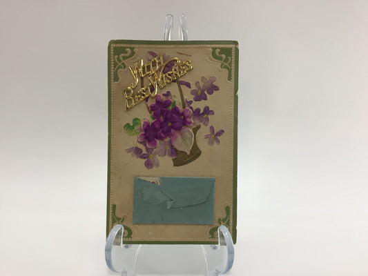 Applique Novelty Best Wishes Postcard Antique Ephemera Applied Notecard Flowers and Metal Embellishment