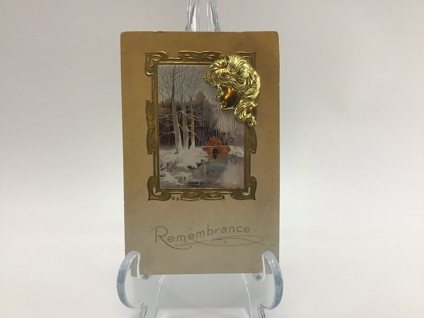 Applique Novelty Remembrance Postcard Antique Ephemera Gold Gilt Framed Winter Scene with Applied Metal Embellishments