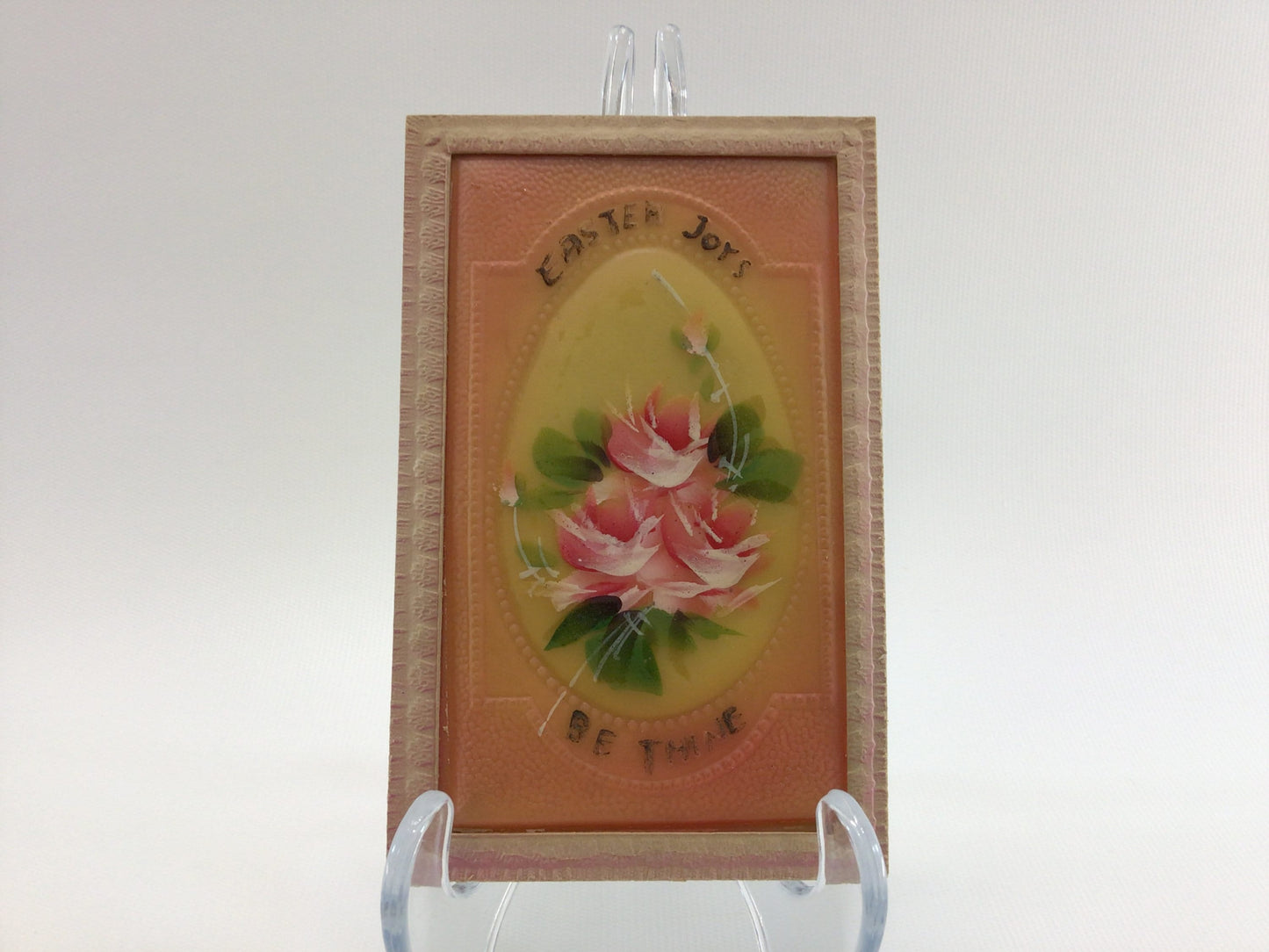 Applique Novelty Easter Postcard Antique Ephemera Airbrush Embossed Applied Orange Yellow Celluloid Panel