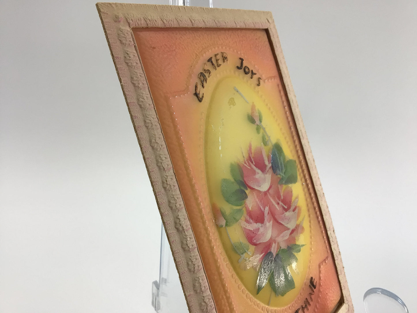 Applique Novelty Easter Postcard Antique Ephemera Airbrush Embossed Applied Orange Yellow Celluloid Panel