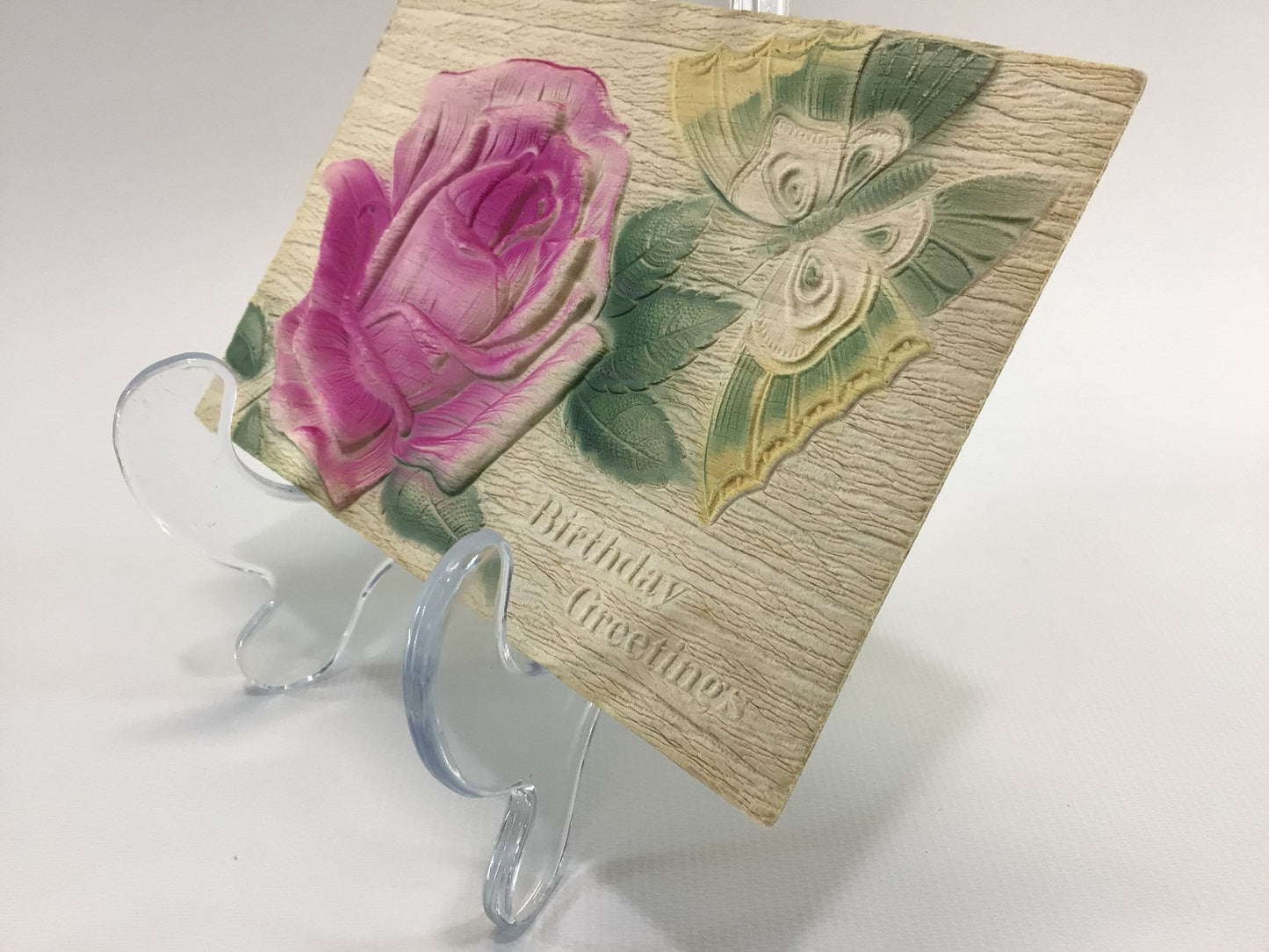 Antique Birthday Novelty Postcard Ephemera Airbrush Bas Relief Pink Rose and Butterfly