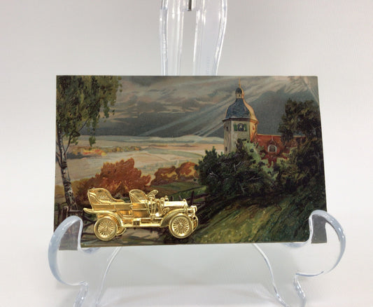 Applique Novelty Postcard Antique Ephemera Embossed Scenic Countryside with Applied Metal Automobile Embellishment