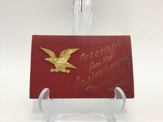 Applique Novelty Postcard Antique Ephemera Applied Metal Eagle Embellishment 1908 Zanesville Ohio Eagles Convention