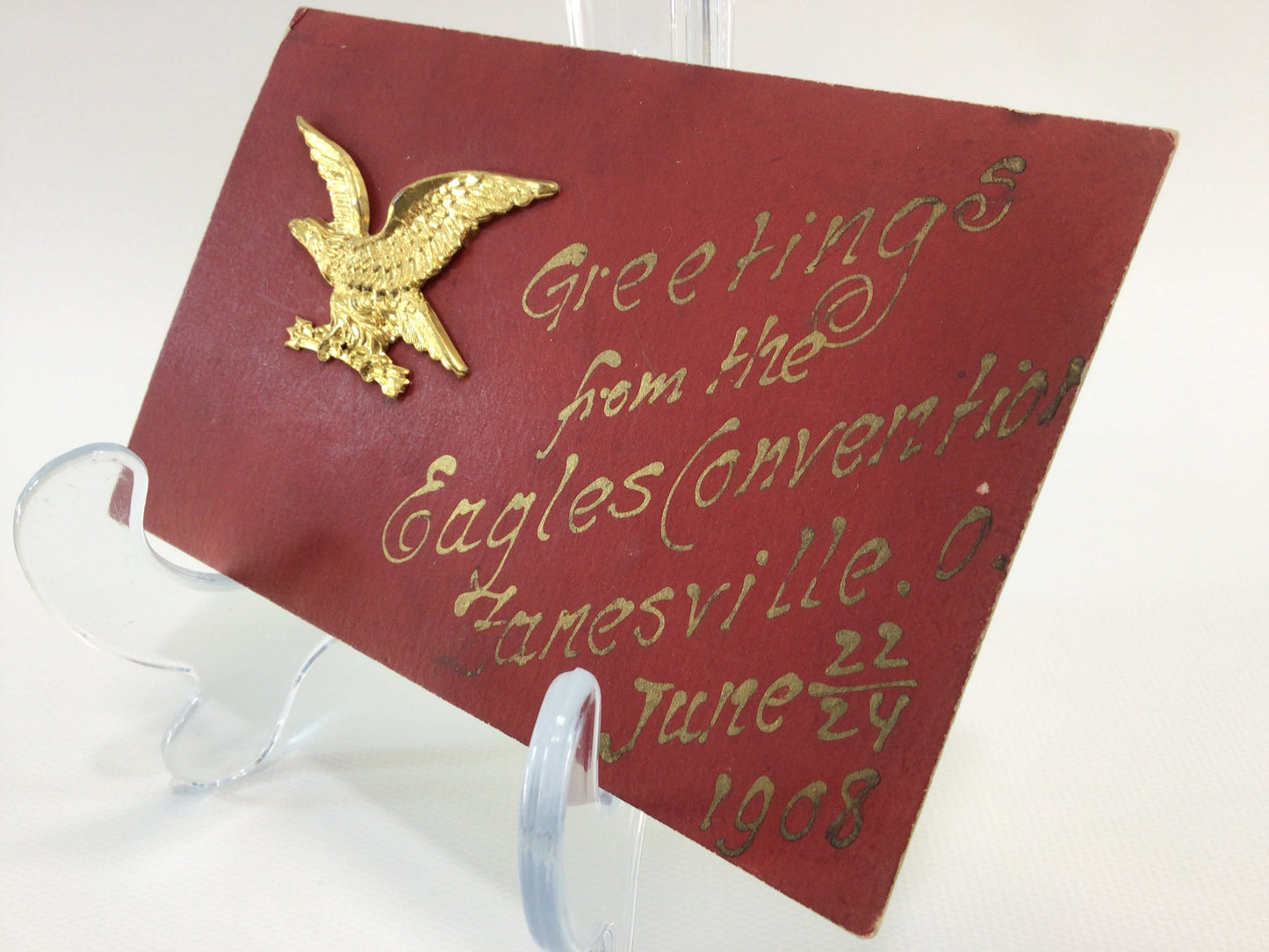 Applique Novelty Postcard Antique Ephemera Applied Metal Eagle Embellishment 1908 Zanesville Ohio Eagles Convention