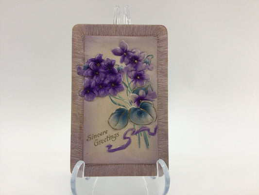 Applique Novelty Greetings Postcard Antique Ephemera Lavender Fringe Border with Applied Airbrush Embossed Purple Flowers