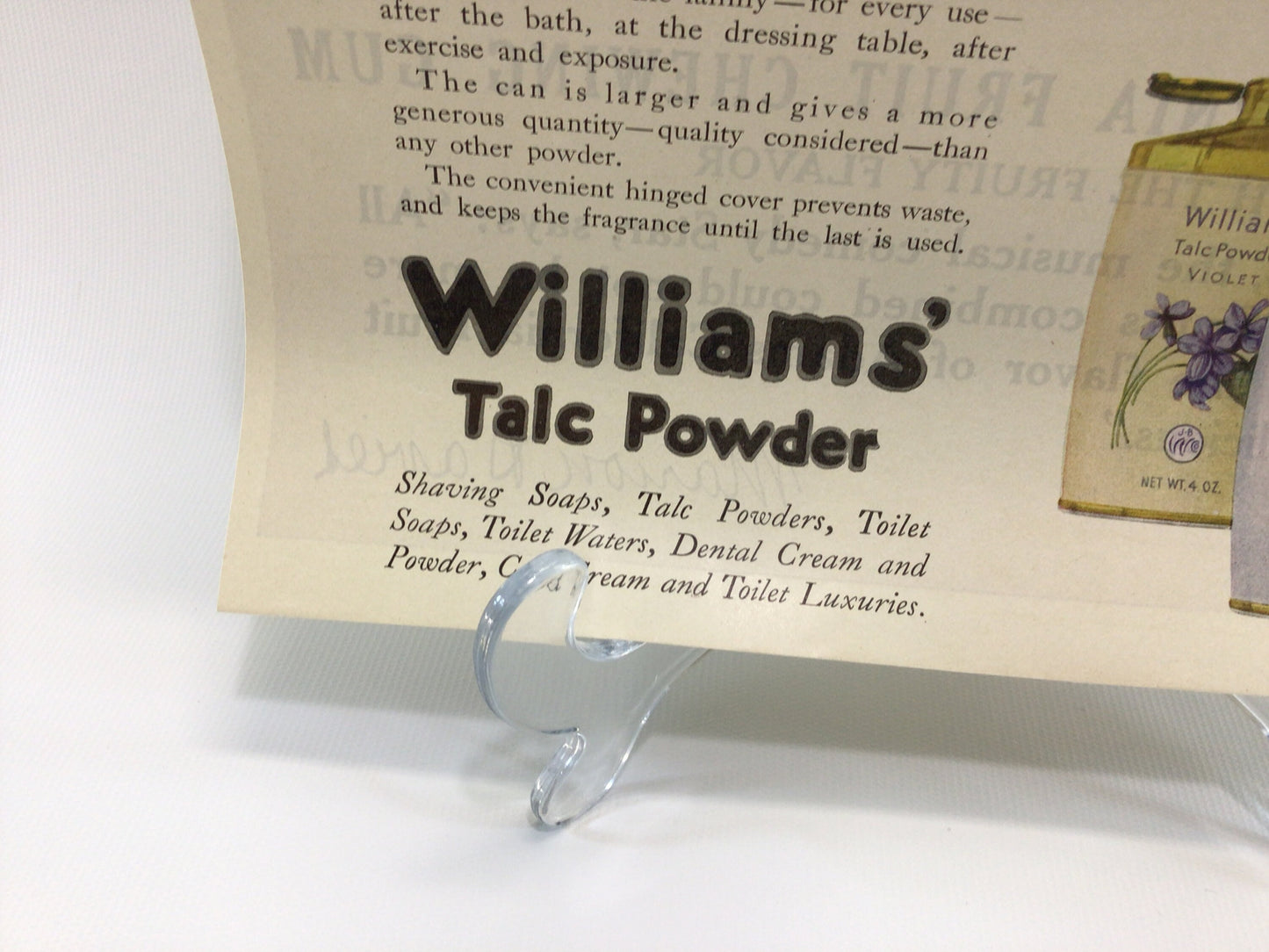 Double Sided 10 x 15 Magazine Ad Antique Advertising Ephemera Williams Talc Powder and Adams Chewing Gum