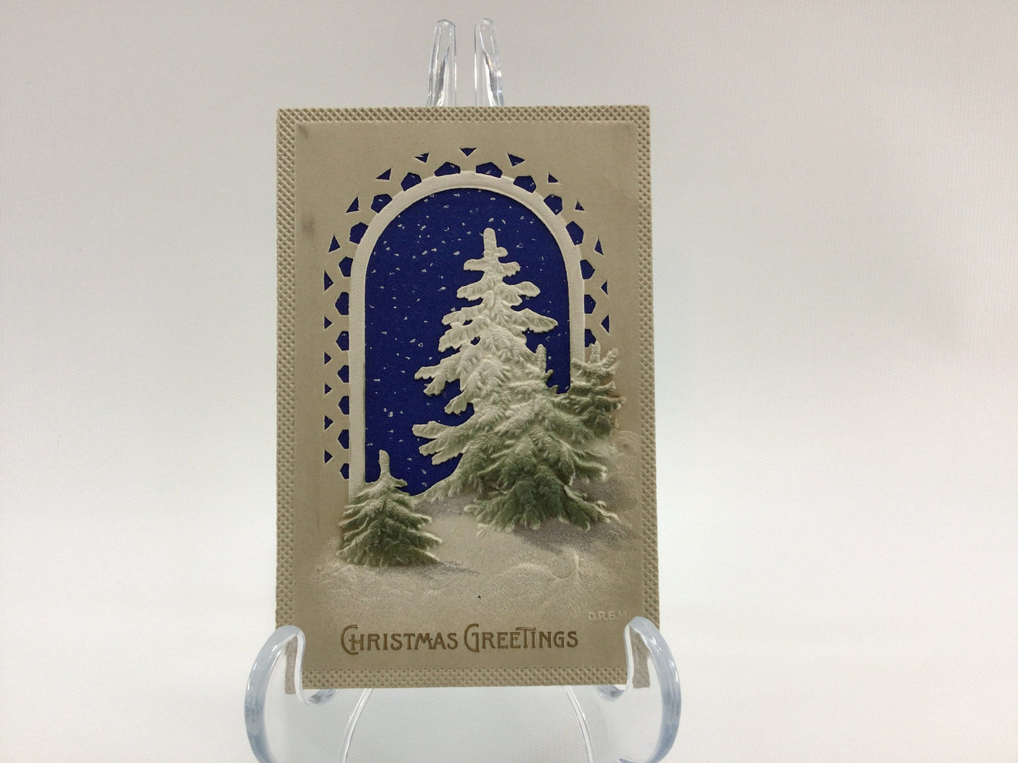 Applique Novelty Christmas Postcard Antique Ephemera Airbrush Embossed Flock Pine Trees