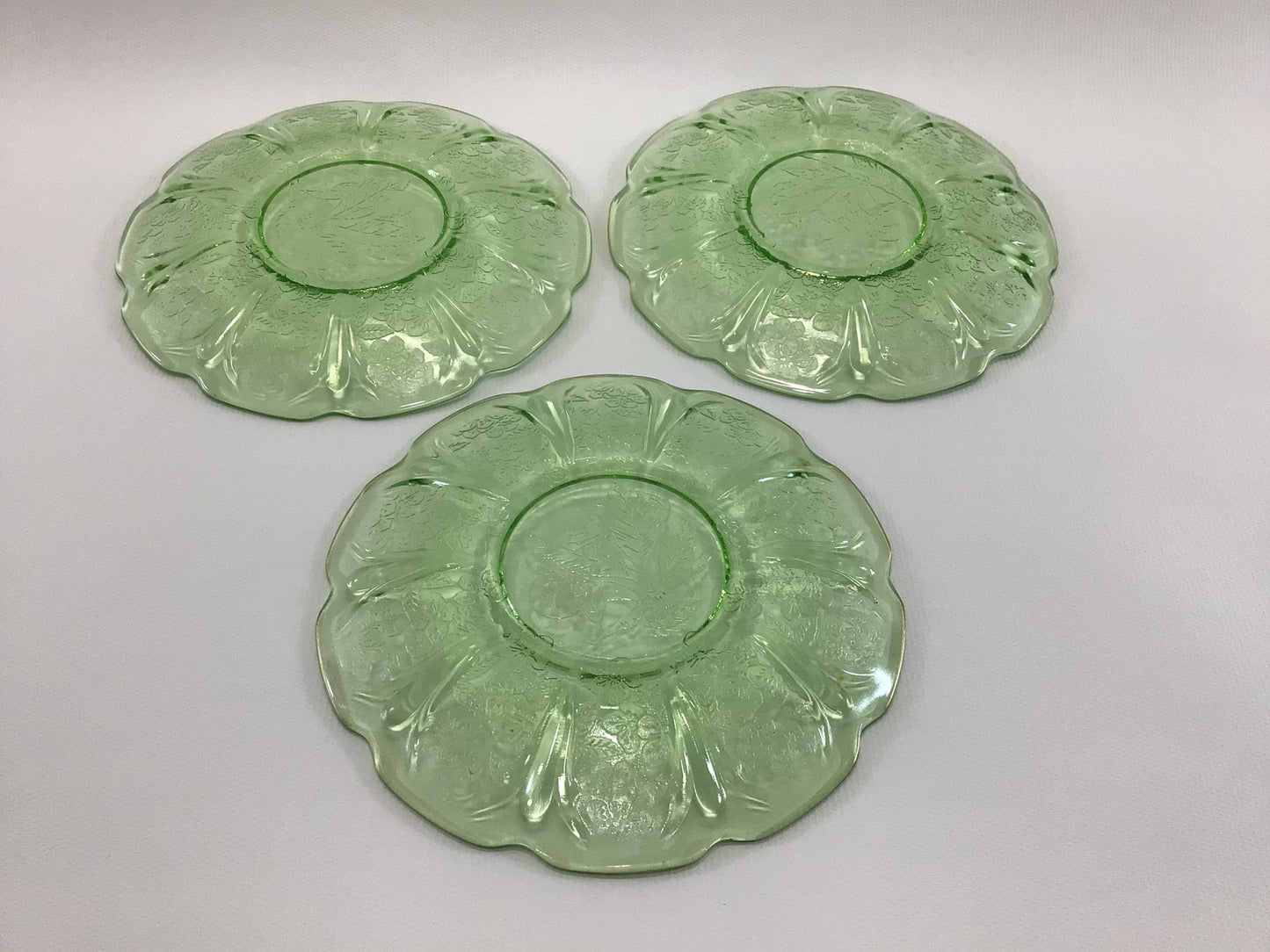 Vaseline Glass Saucers Lot of 3 Vintage Jeanette Cherry Blossom Pattern Replacement Dinnerware Pieces