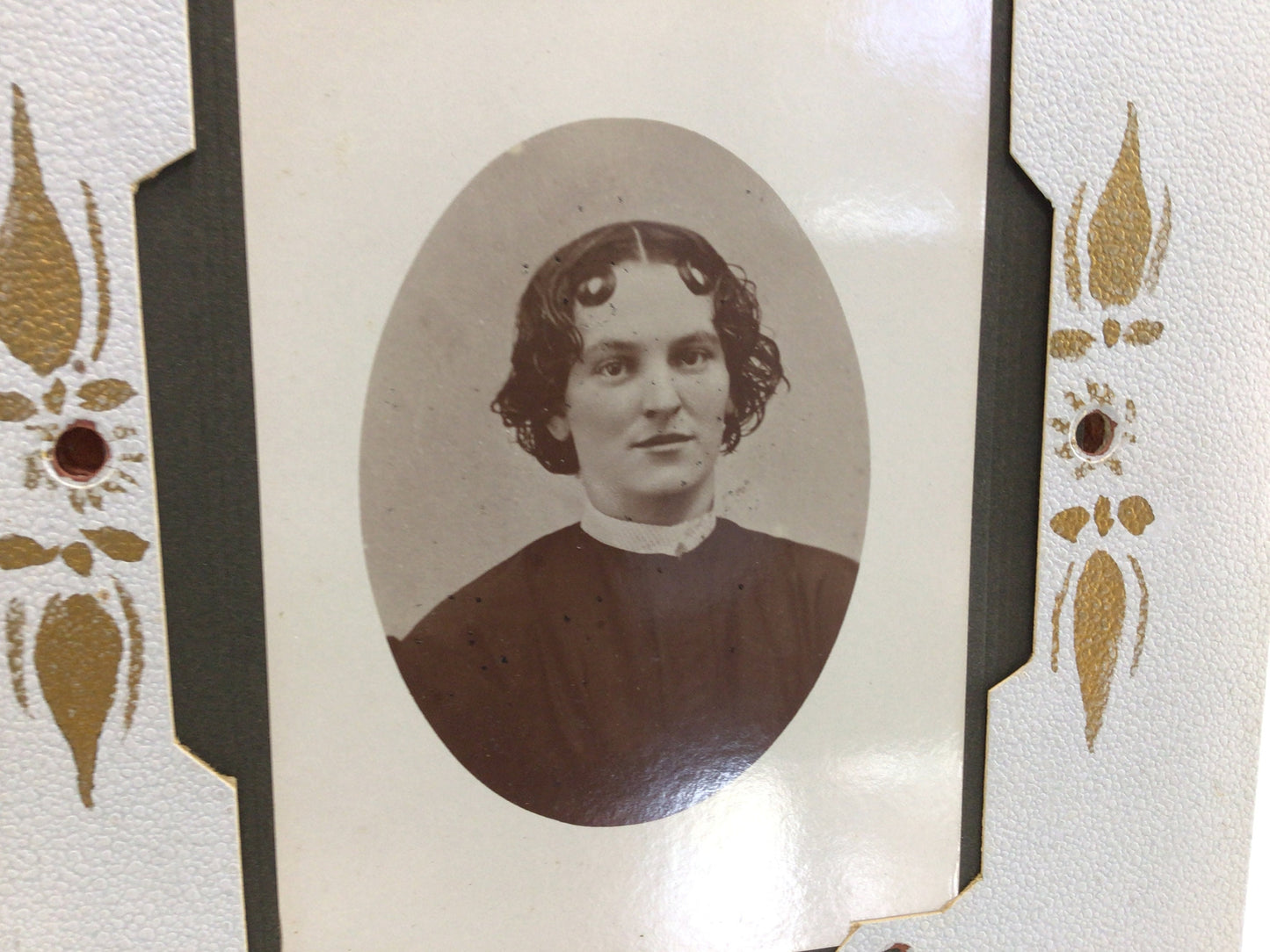 CDV Cabinet Card Photograph Young Woman Black High Collar Dress Victorian 5 x 7 Mat Framed Antique Photo