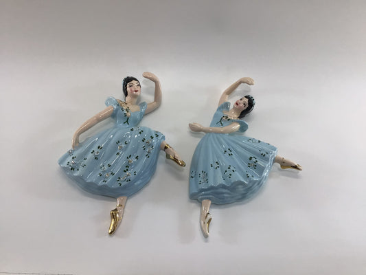 Ceramic Ballerina Wall Plaque Set Blue and Gold Gilt 1950s Mahana Imports Vintage Home Decor