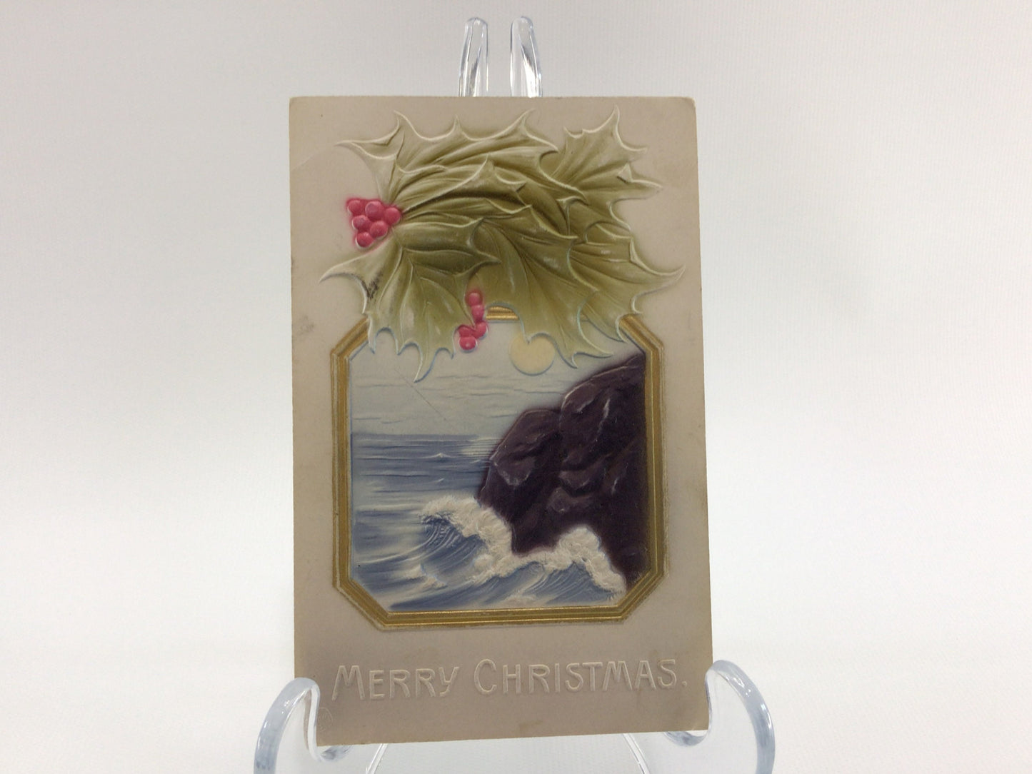 Applique Novelty Christmas Postcard Antique Ephemera Airbrush Embossed Rocky Seashore and Holly