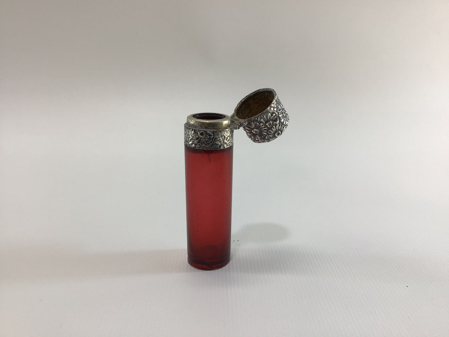 Antique Silverplate Floral Hinged Cap 19th Century Red Glass Perfume Bottle Collectible Vanity Decor