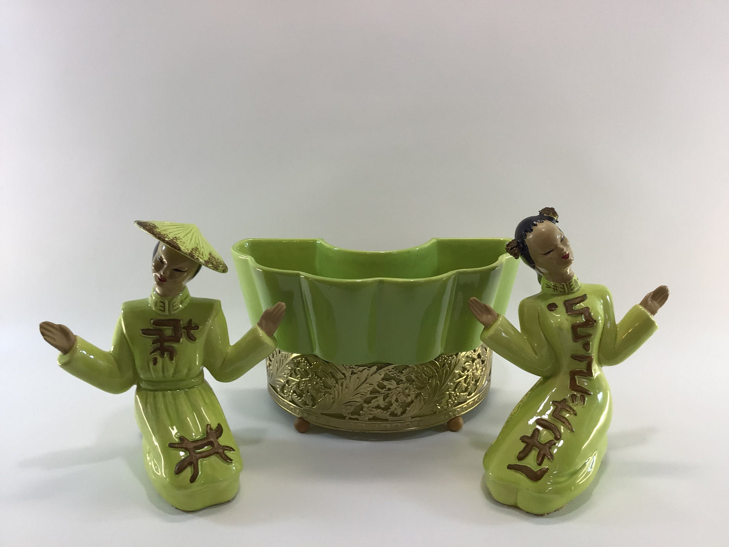 Mid Century TV Lamp Planter Sierra Columbia No 12812 with Matching Pair of Asian Girl Figurines Ceramic and Metal MCM Home Decor