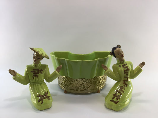 Mid Century TV Lamp Planter Sierra Columbia No 12812 with Matching Pair of Asian Girl Figurines Ceramic and Metal MCM Home Decor