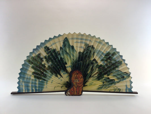 Vintage Decorative 14" Folding Fan Free Standing Paper and Wood Construction African Lion Motif