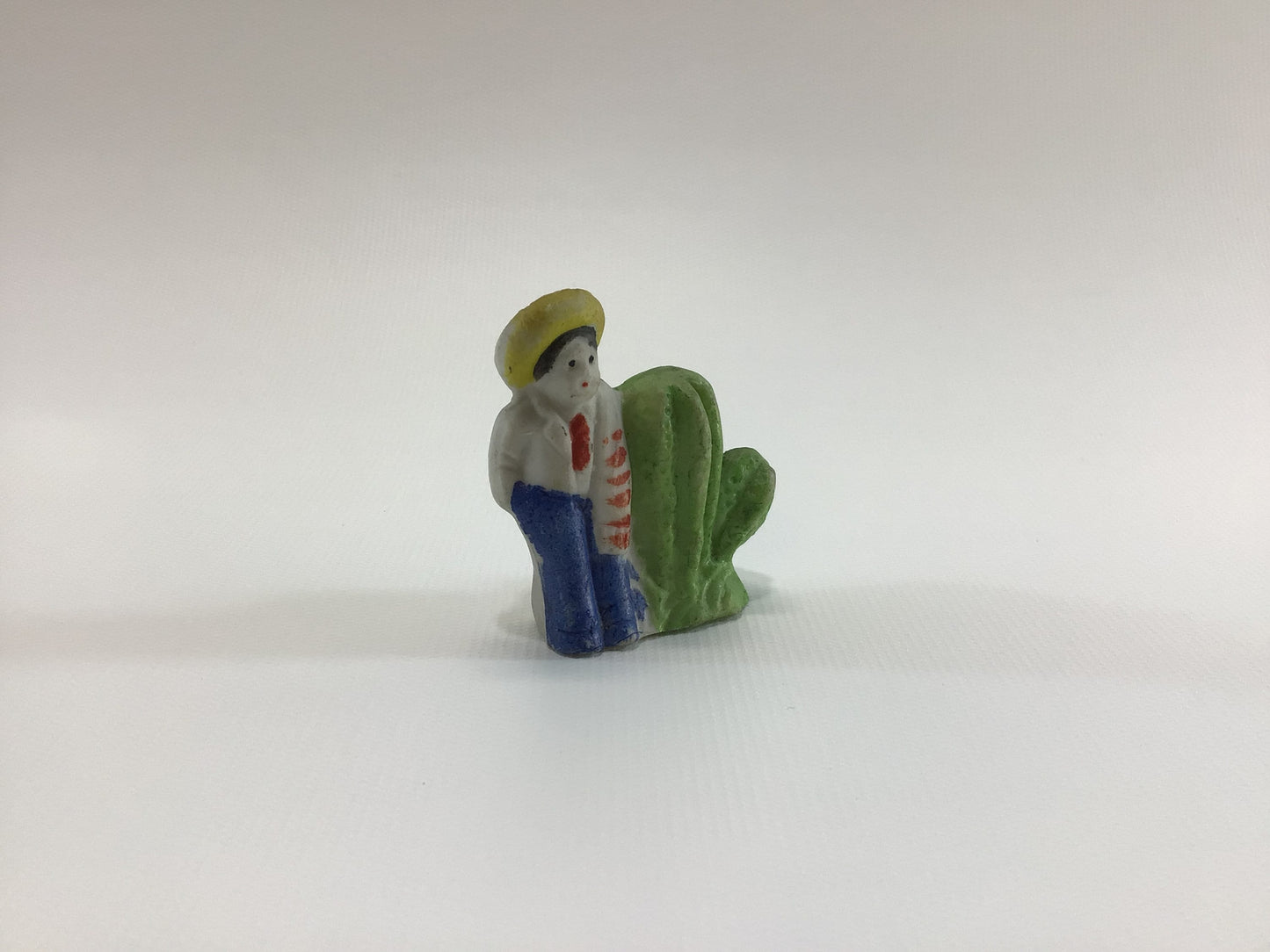 Bisque Ceramic Cowboy and Cactus 1930s Vintage Miniature Toy Frozen Charlotte Style Doll Made in Japan