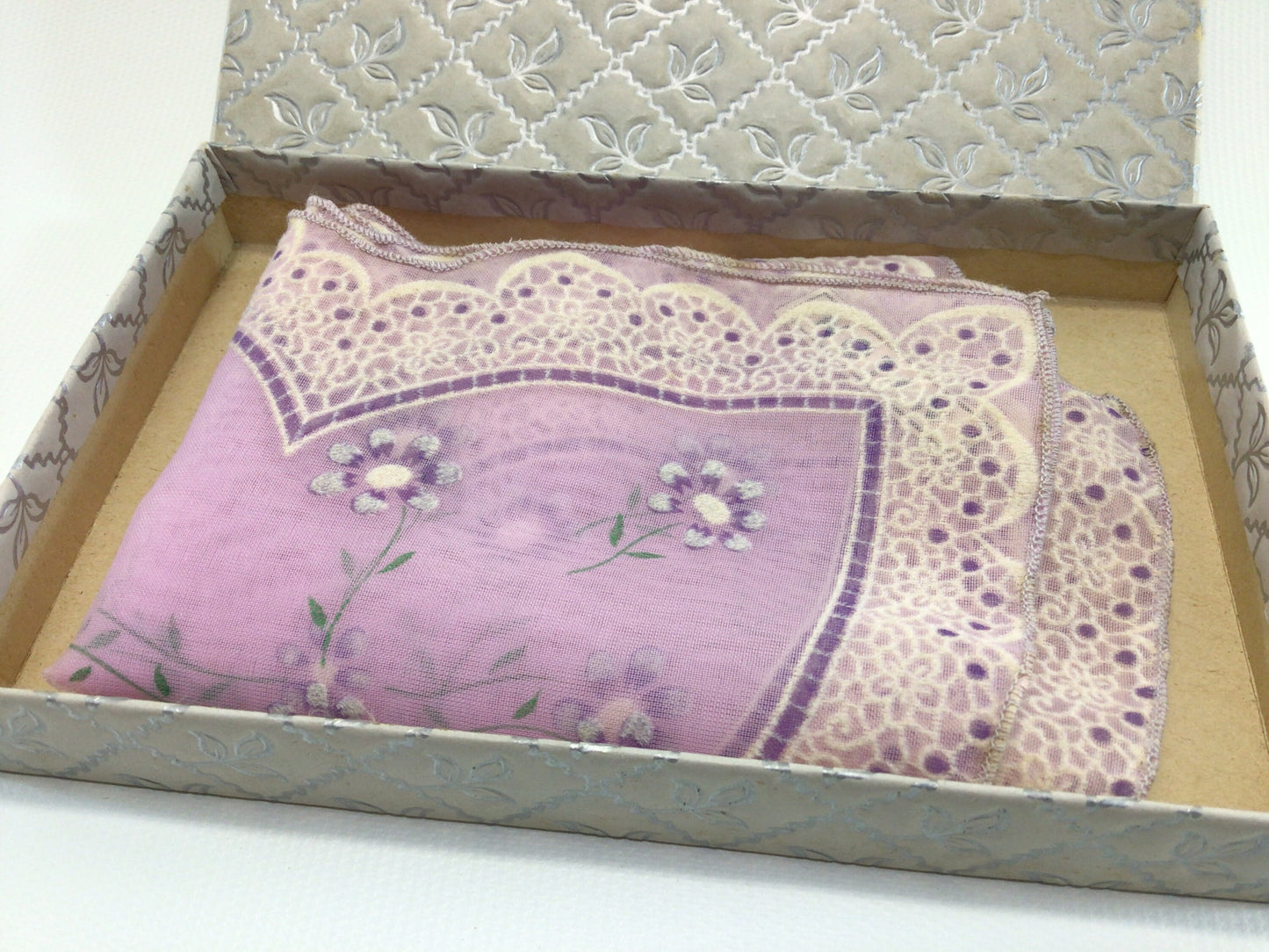 Purple Flowers Nylon Hanky Kitschy Vintage Ladies Handkerchief in Original Gift Box