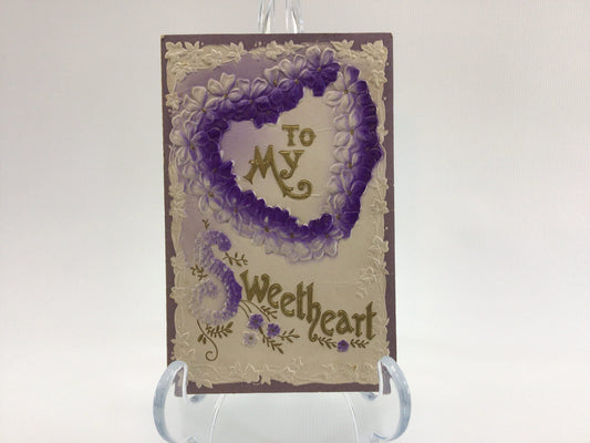 Valentines Day Postcard Antique Ephemera To My Sweetheart Applique Embossed Purple Flowers