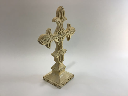 Fleur De Lis 11" White Cross with Free Standing 4" Base Vintage Resin Home Decor