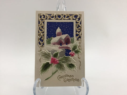 Applique Novelty Christmas Postcard Antique Ephemera Airbrush Embossed Filigree and Holly