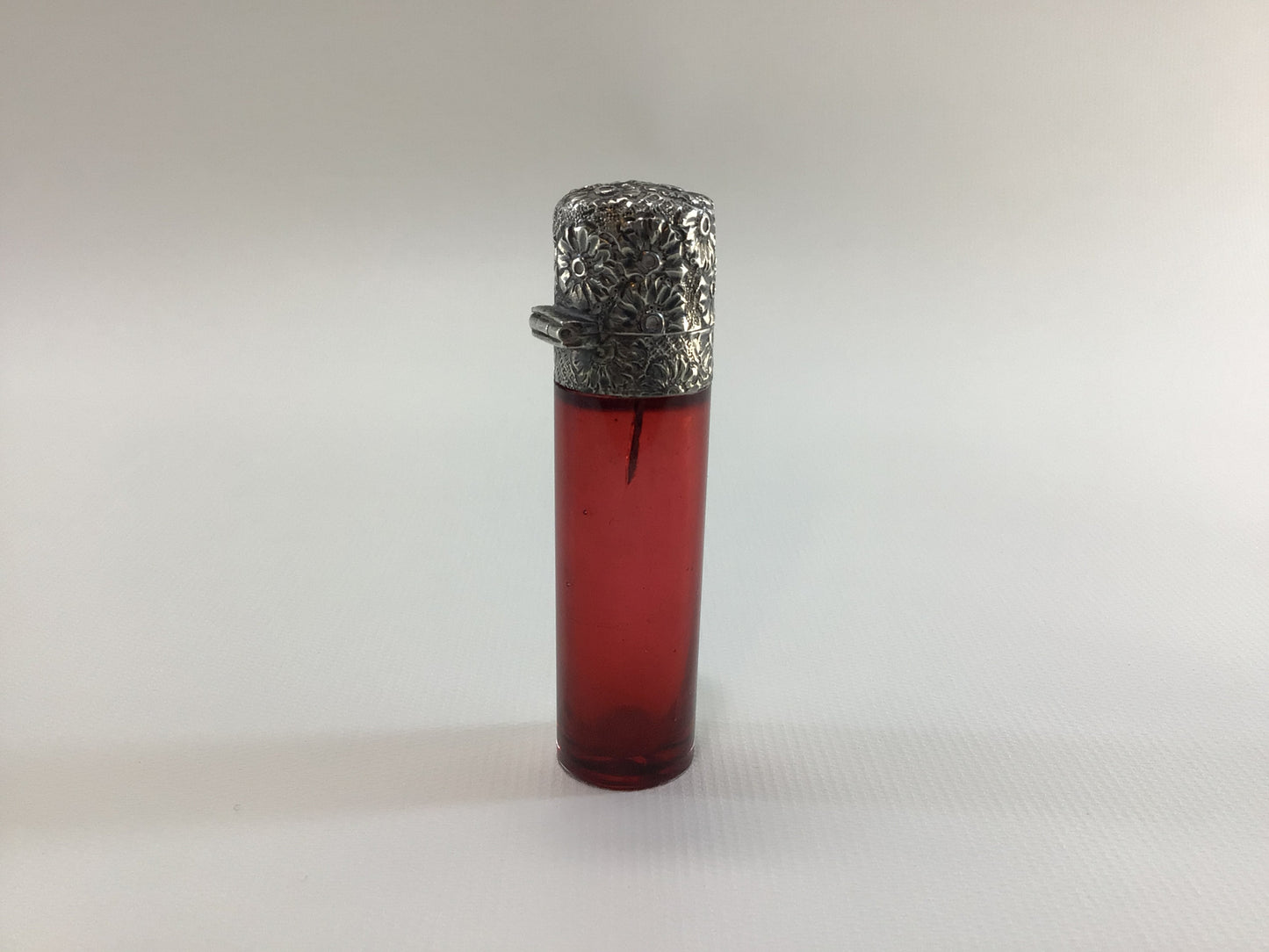 Antique Silverplate Floral Hinged Cap 19th Century Red Glass Perfume Bottle Collectible Vanity Decor