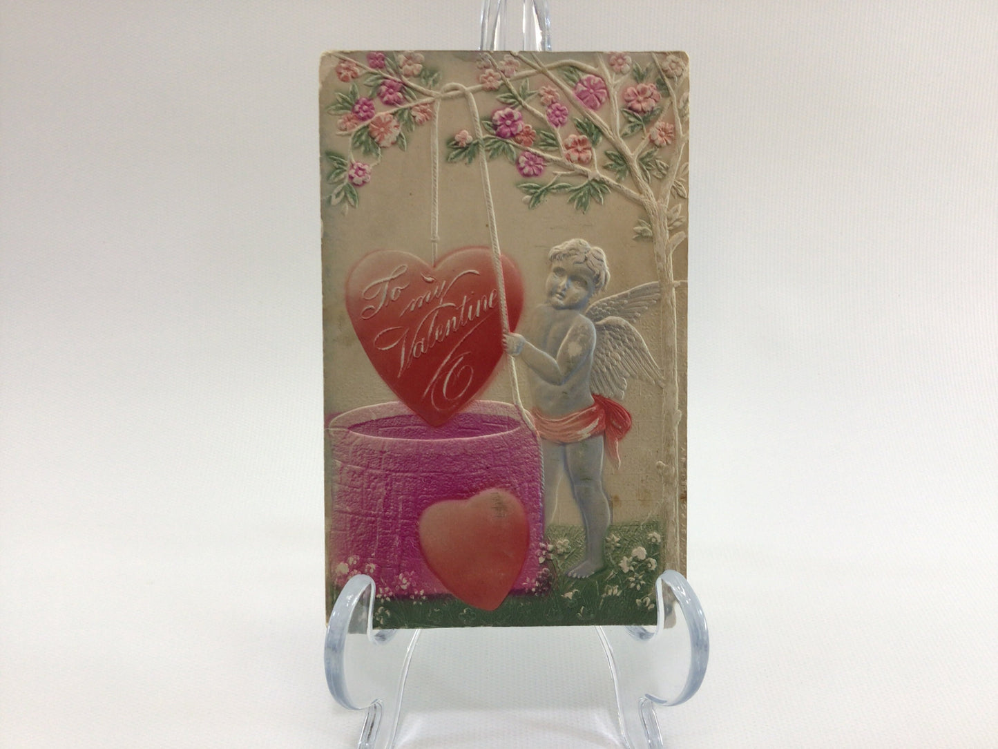 Valentines Day Postcard Embossed Antique Ephemera To My Valentine Airbrush Cupid at Wishing Well