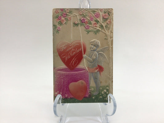 Valentines Day Postcard Embossed Antique Ephemera To My Valentine Airbrush Cupid at Wishing Well