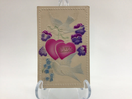 Valentines Day Postcard Embossed Antique Ephemera To My Valentine Airbrush Doves and Flowers