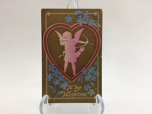 Valentines Day Postcard Embossed Antique Ephemera To My Valentine Airbrush Cupid and Blue Forget Me Nots