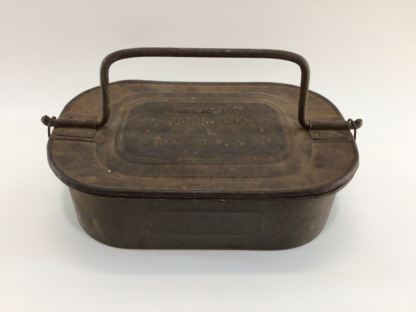 Antique Coal Miner's Lunchbox Food Container with Bail Handle Rustic Primitive Home Decor Compliments of John Robson