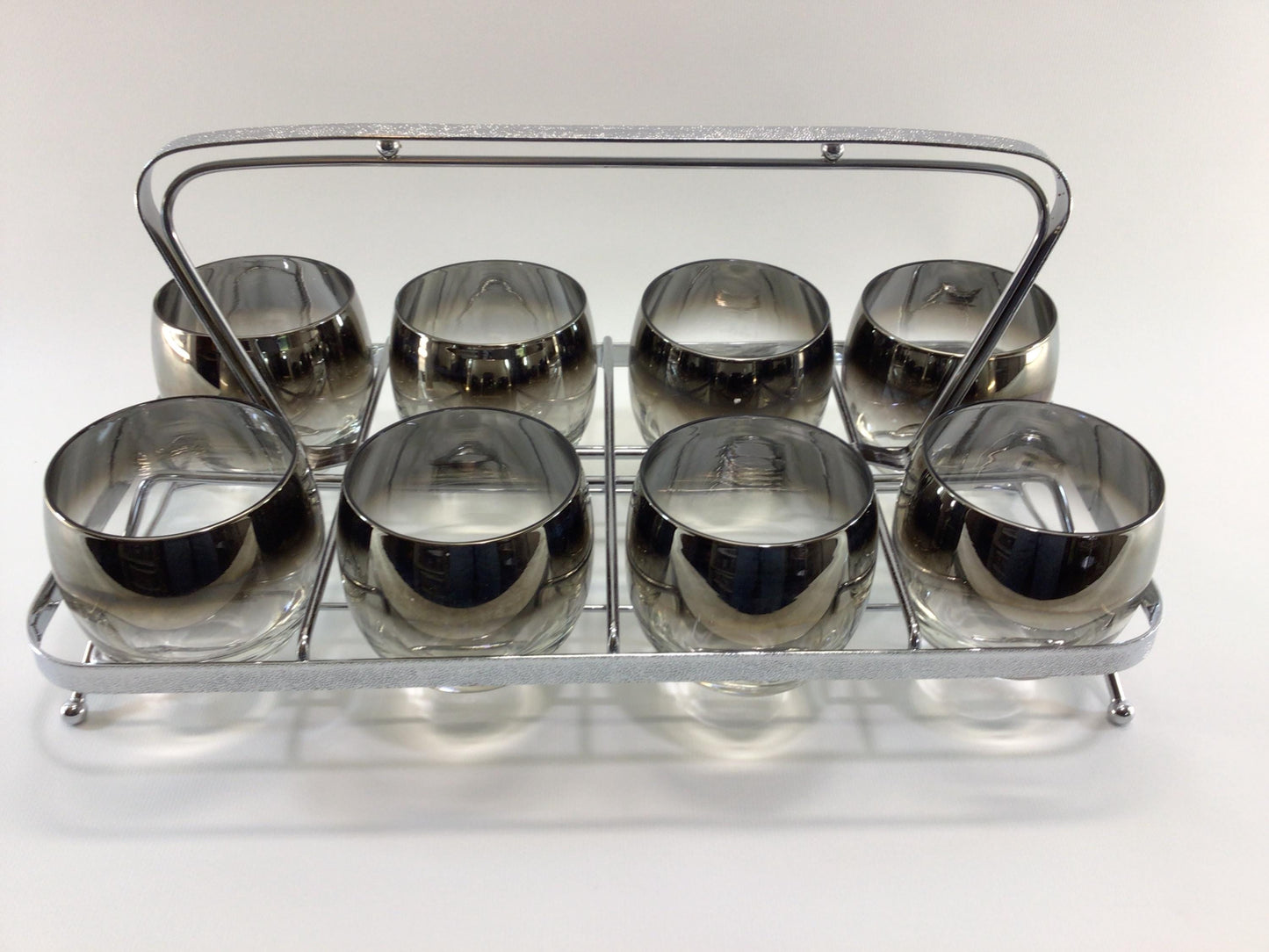 Roly Poly 9 Piece Set Vintage Sears Roebuck Chrome Plated Rack Silver Fade Highball Glasses Retro Barware Home Decor