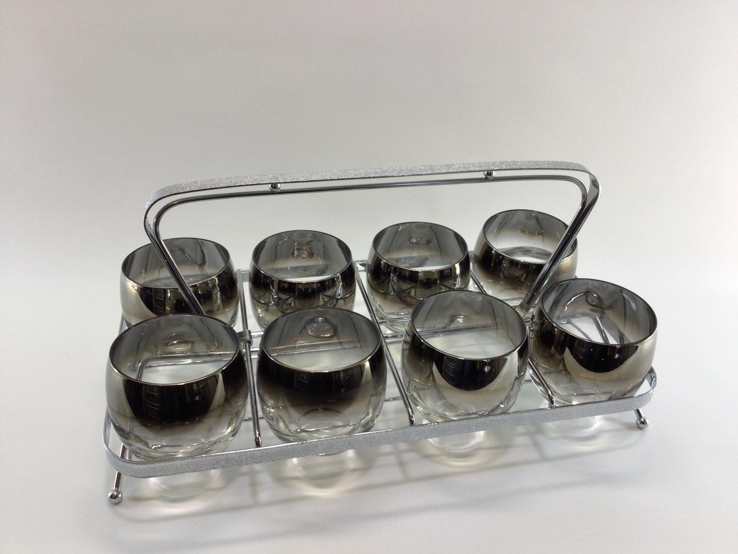Roly Poly 9 Piece Set Vintage Sears Roebuck Chrome Plated Rack Silver Fade Highball Glasses Retro Barware Home Decor