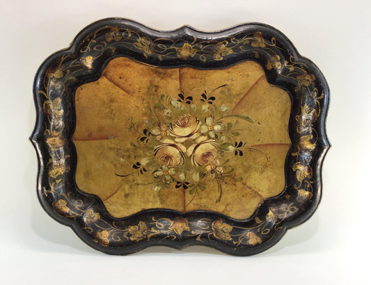 Hand Painted 20" Serving Tray Vintage Decorative Barware Made in Japan Fiberglass Construction Gold Roses Motif