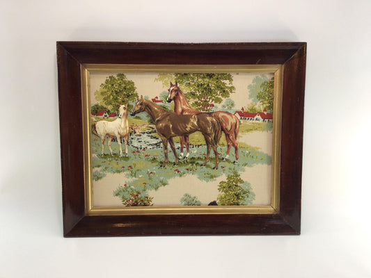 Folk Art Printed Fabric Cotton Stuffed 3D Horses in Pasture Framed 16x20 Vintage Rustic  Home Wall Decor