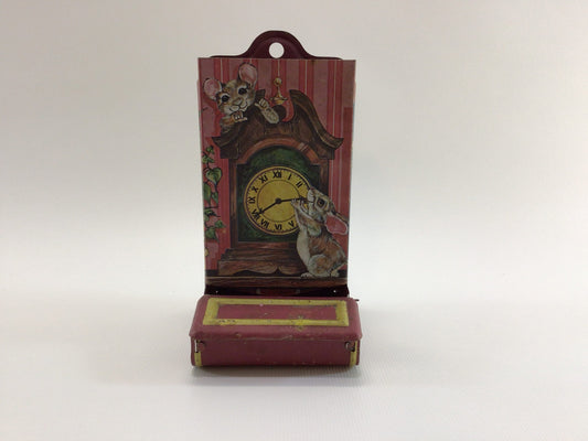 Tin Match Box Holder Mice on Mantle Wall Hanger Vintage Made in Hong Kong Kitschy Kitchen Decor