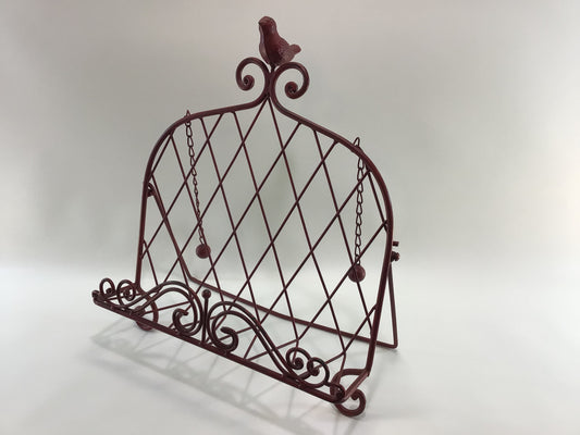 Countertop Cookbook Stand Red Lattice Metal Work with Perched Songbird Vintage Kitchen Decor