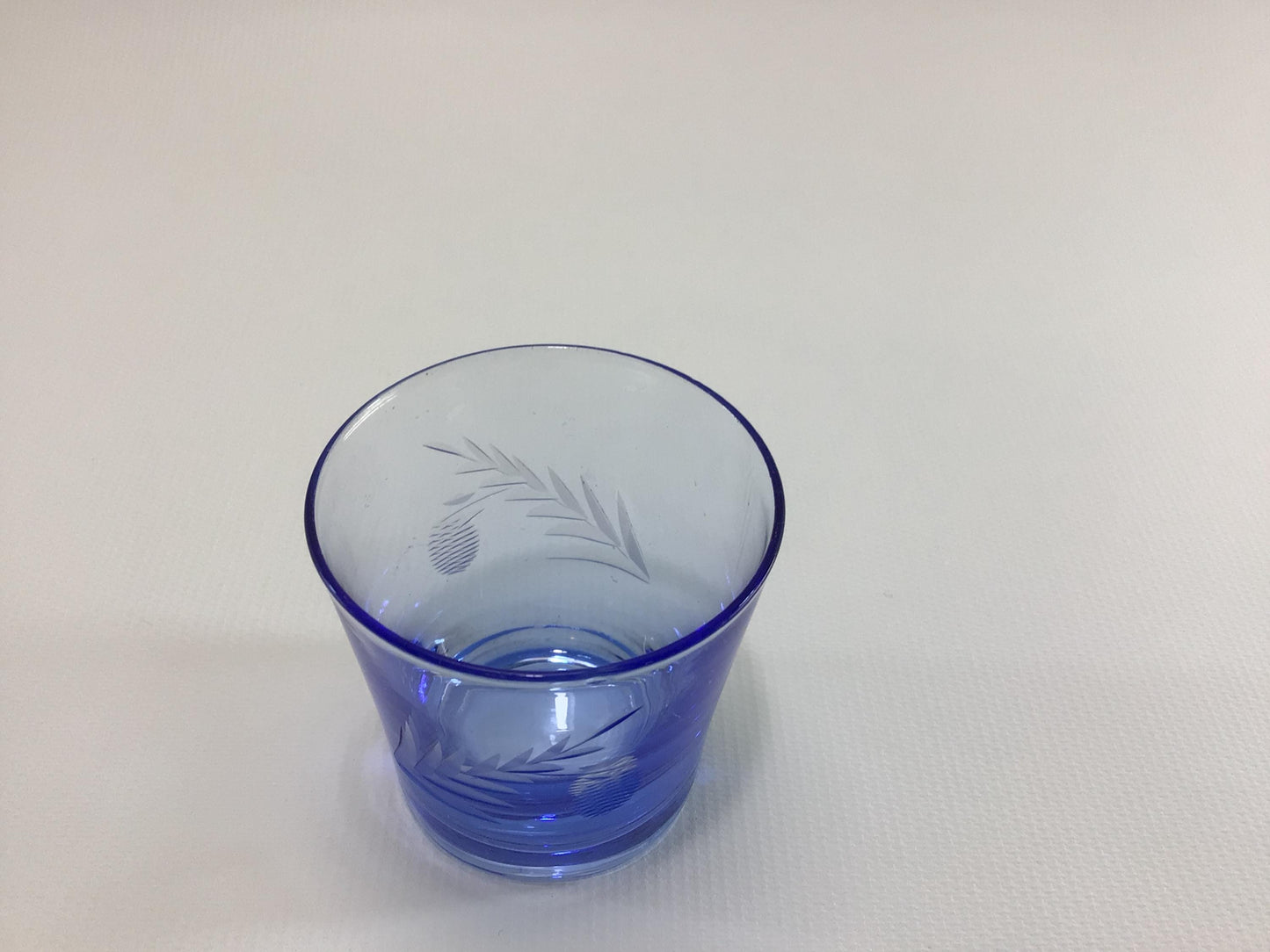 Antique Shot Glass Etched Blue Glass Collectible Barware