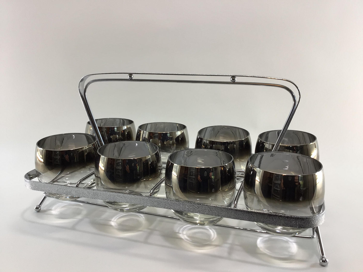 Roly Poly 9 Piece Set Vintage Sears Roebuck Chrome Plated Rack Silver Fade Highball Glasses Retro Barware Home Decor