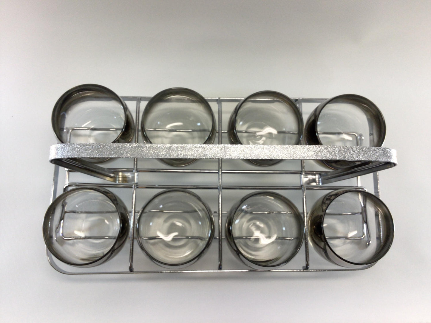 Roly Poly 9 Piece Set Vintage Sears Roebuck Chrome Plated Rack Silver Fade Highball Glasses Retro Barware Home Decor