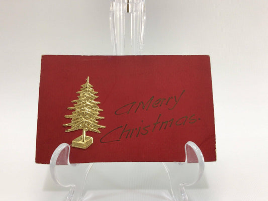 Christmas Postcard Applique Novelty Antique Ephemera Glitter on Red with Applied Metal Tree Embellishment