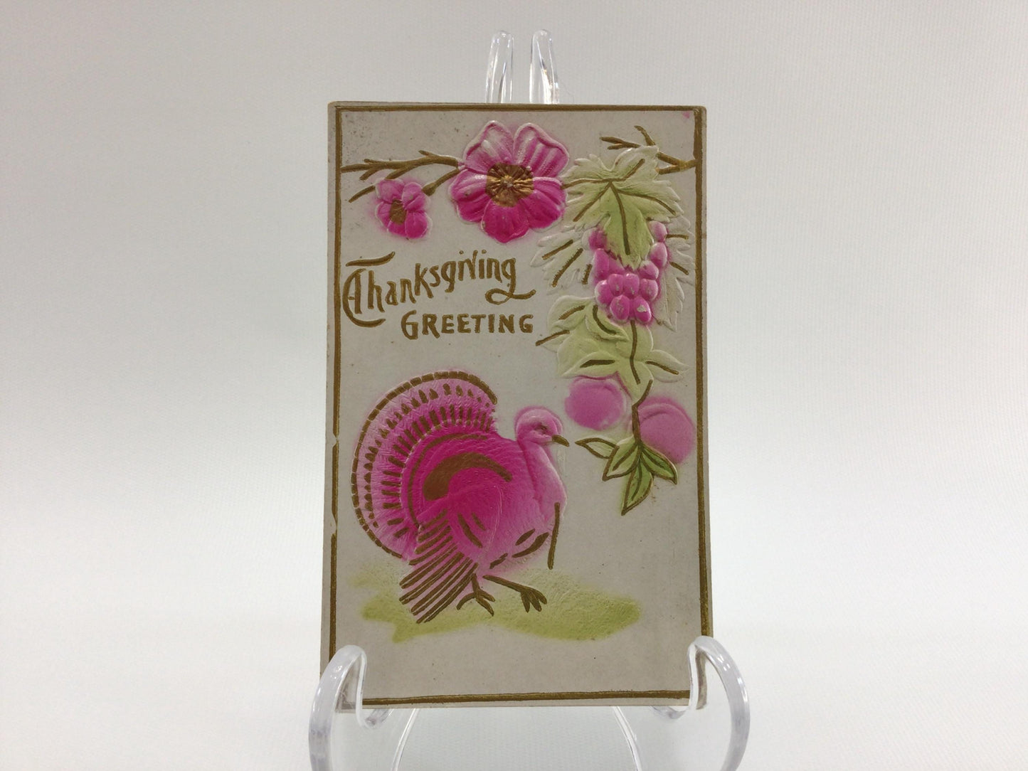 Antique Thanksgiving Novelty Postcard Embossed Airbrush Gold Gilt Pink Turkey and Flowers