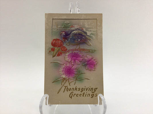 Antique Thanksgiving Novelty Postcard Embossed Airbrush Gold Gilt Wild Turkey and Flowers