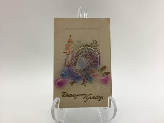 Antique Thanksgiving Novelty Postcard Embossed Airbrush Gold Gilt Purple Turkey and Pumpkins