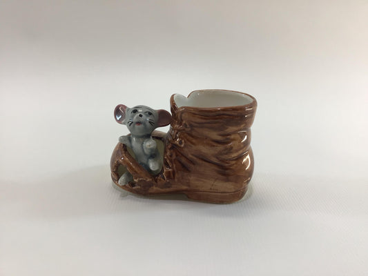 Ceramic Toothpick Holder Figurine Mouse in Tattered Boot Kitschy Cute Made in Japan Vintage Country Kitchen Decor