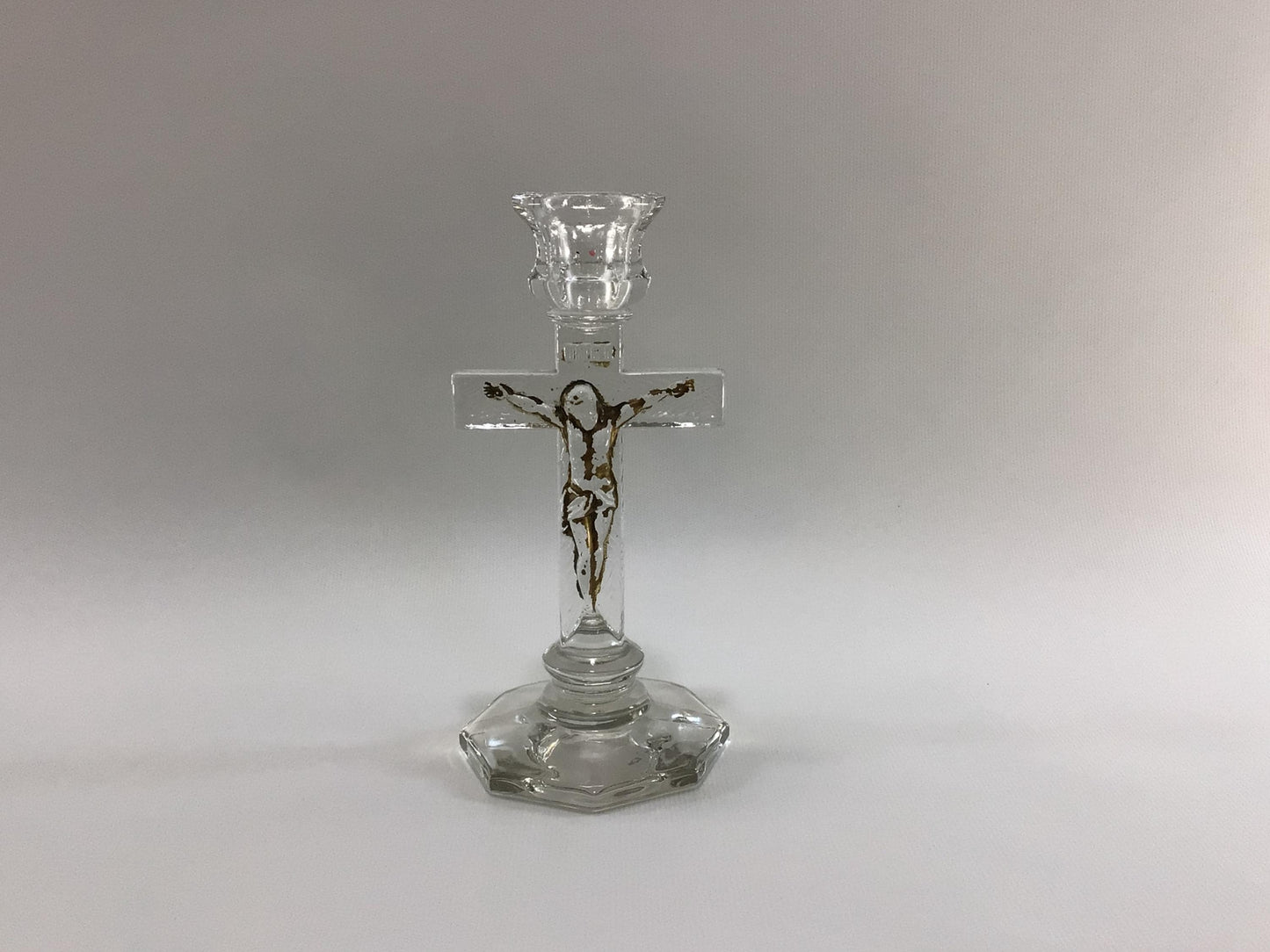 Catholic Last Rites Altar Crucifix Vintage Clear Glass and Gold Gilt Tapered Candlestick Holder