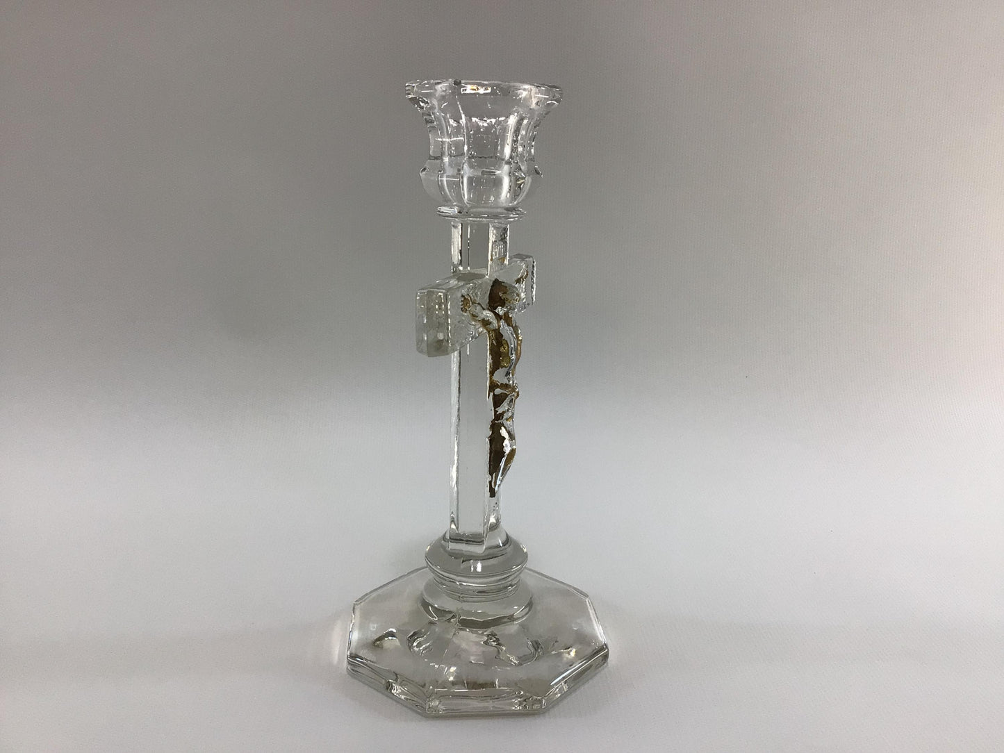 Catholic Last Rites Altar Crucifix Vintage Clear Glass and Gold Gilt Tapered Candlestick Holder