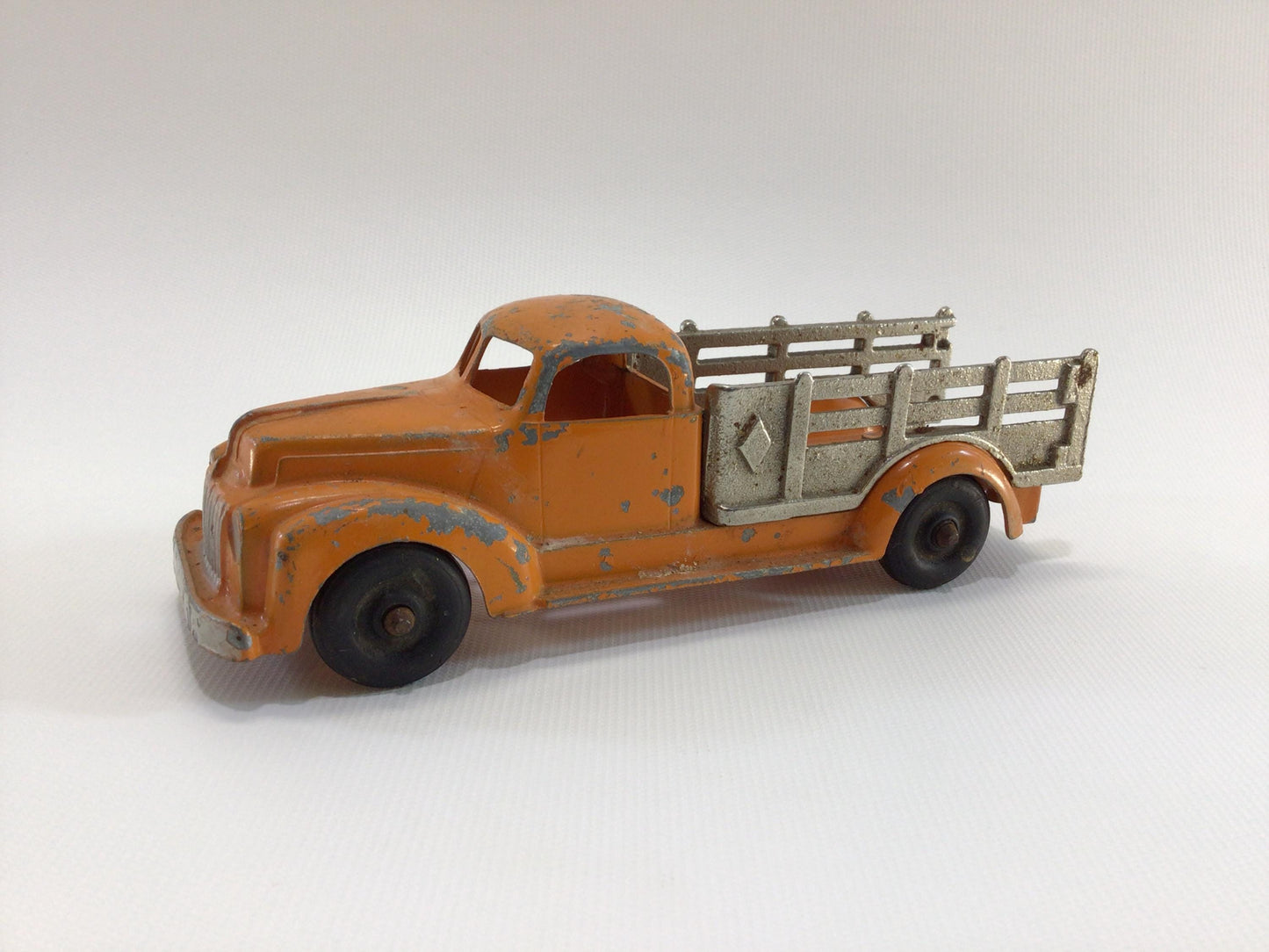 Orange Stake Truck Vintage Hubley Kiddie Toy 460 Toy Utility Vehicle Cast Iron and Black Rubber Wheels